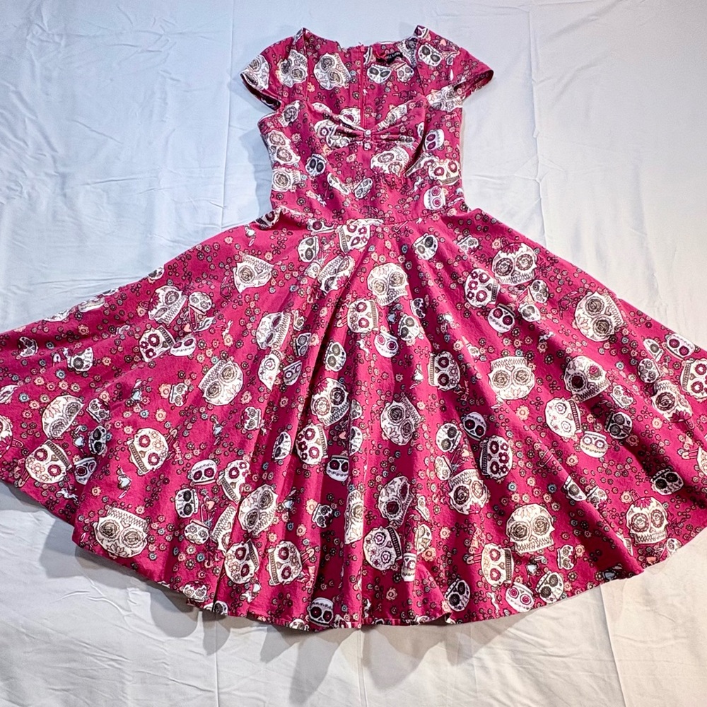 Hell Bunny Sasha Red Sugar Skull Fit Flare Rockabilly Dress XS🧡 - Picture 8 of 12